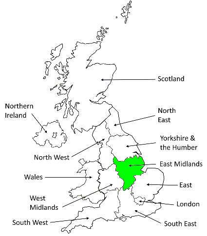 East Midlands Map showing the East Midlands