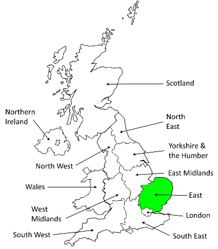 East of England Map showing the East of England