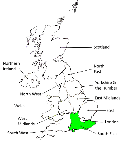 South East Map showing the South East region