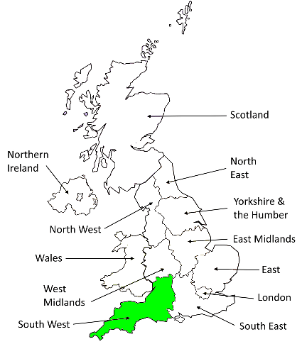 South West Map showing the South West region