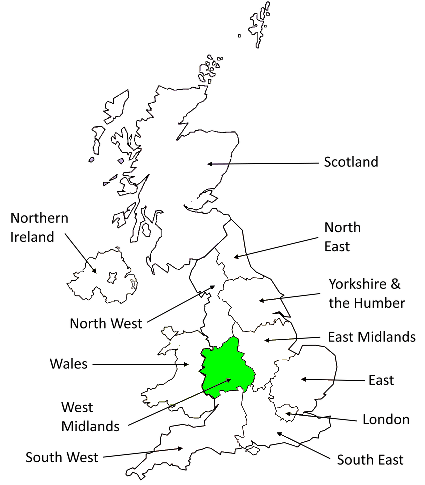 West Midlands Map showing the West Midlands region