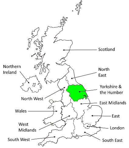 Yorkshire & Humber Map showing the Yorkshire & Humber region