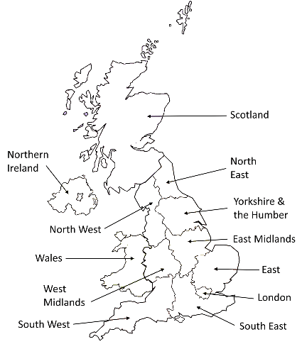 regions Map showing the nations and regions of the UK